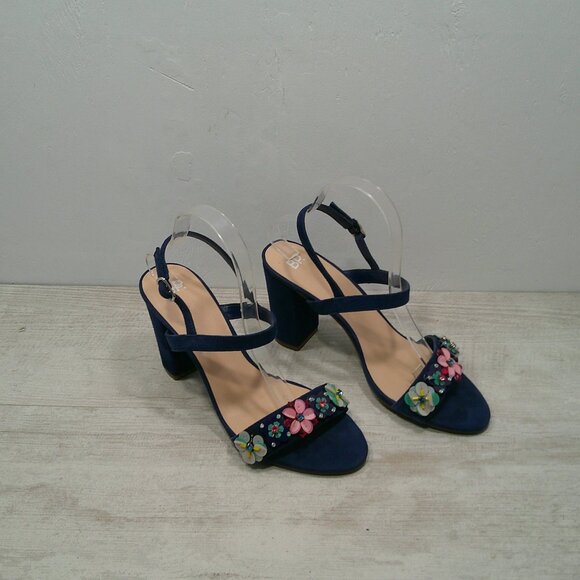 BP Navy Suede High Block Heels with Floral Embellishments Size 10 M - Picture 10 of 15